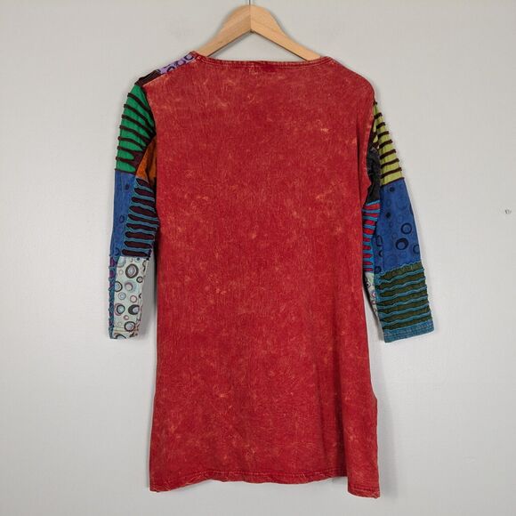 Patchwork Tunic Top L Multi Boho Hippie Colorful Eclectic Y2K Indie Red Blue - Picture 4 of 10